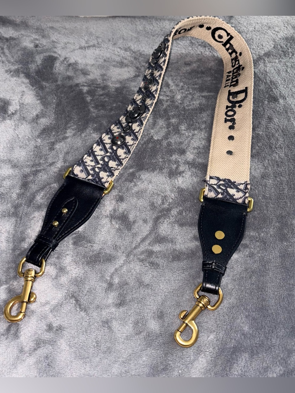 Dior Beige and Navy Embroidered Canvas Shoulder Strap with Gold Hardware